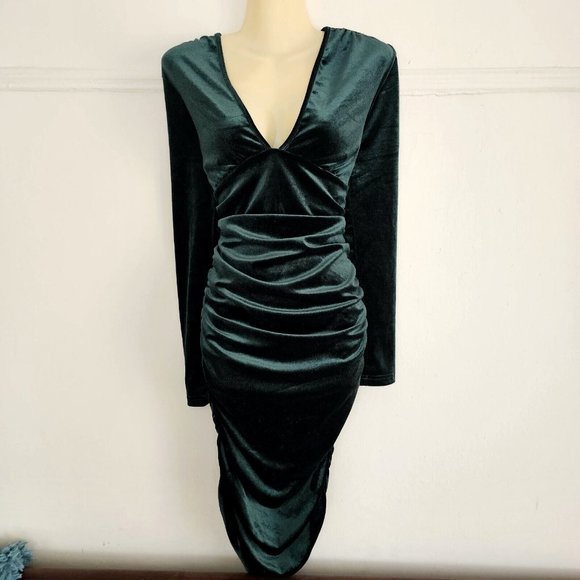 SHEIN Green Deep V Neck Ruched Velvet Party Bodycon Long Sleeve Dress sz 4 Small - Picture 3 of 11